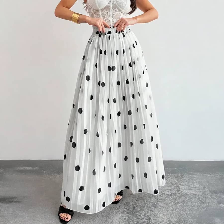 White Polka Dot Mid Rise Maxi Skirt