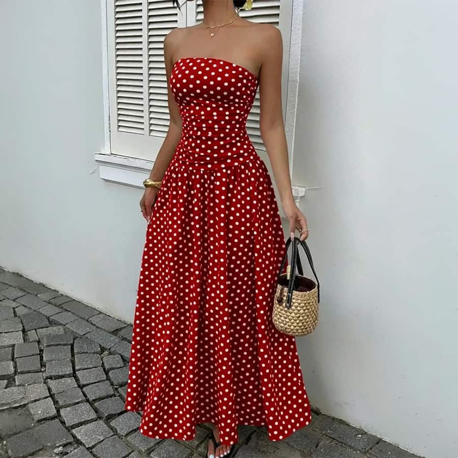 Red Polka Dot Tube Maxi Dress