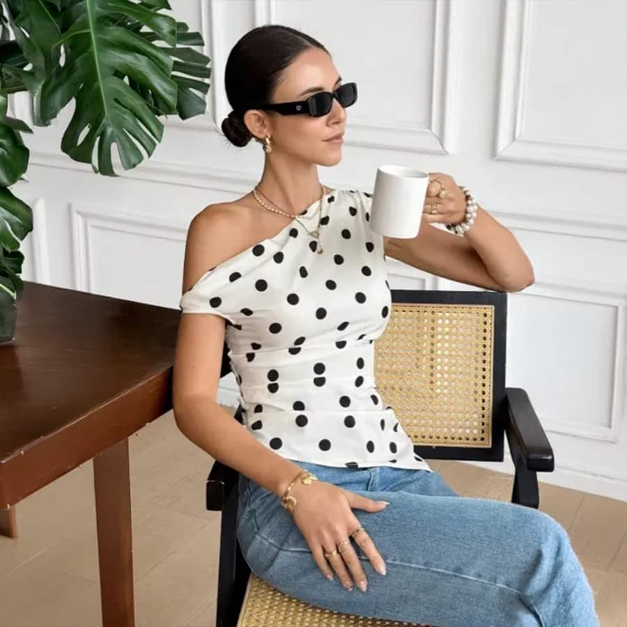 White Polka Dot One Shoulder Top