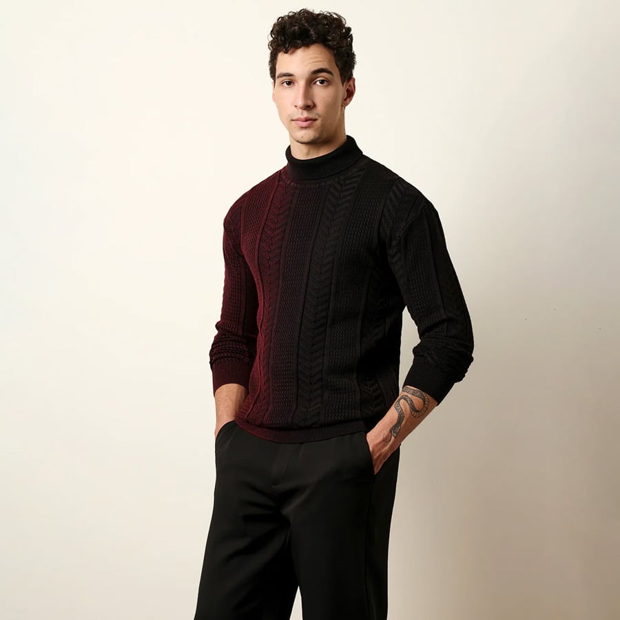 DASHAM-MC Burgundy & Black Vertical Textured Panel Relaxed Fit Turtleneck T-Shirt