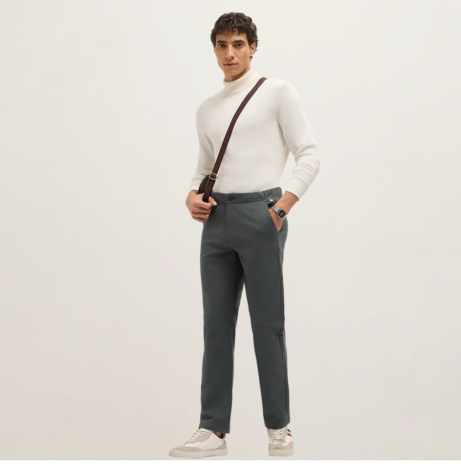 Seoulis Grey Textured Straight Fit Casual Trousers with an Elasticated Waistband