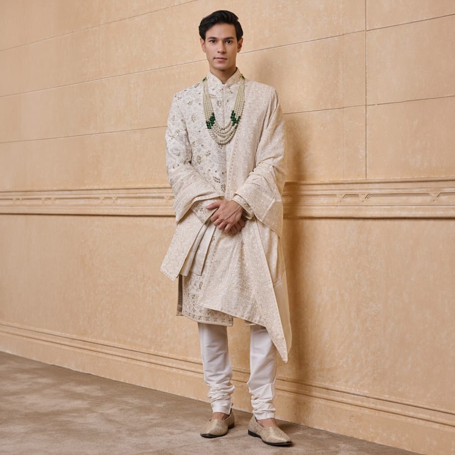 Ivory Sherwani In Thread And Gota Work