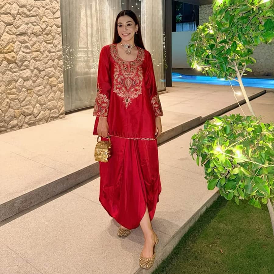 Red Embroidered Kurta and Maxi Skirt Set