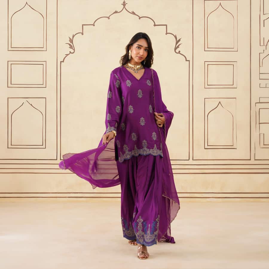 WIne Embroidered Kurta Set with Farshi Pants and Dupatta