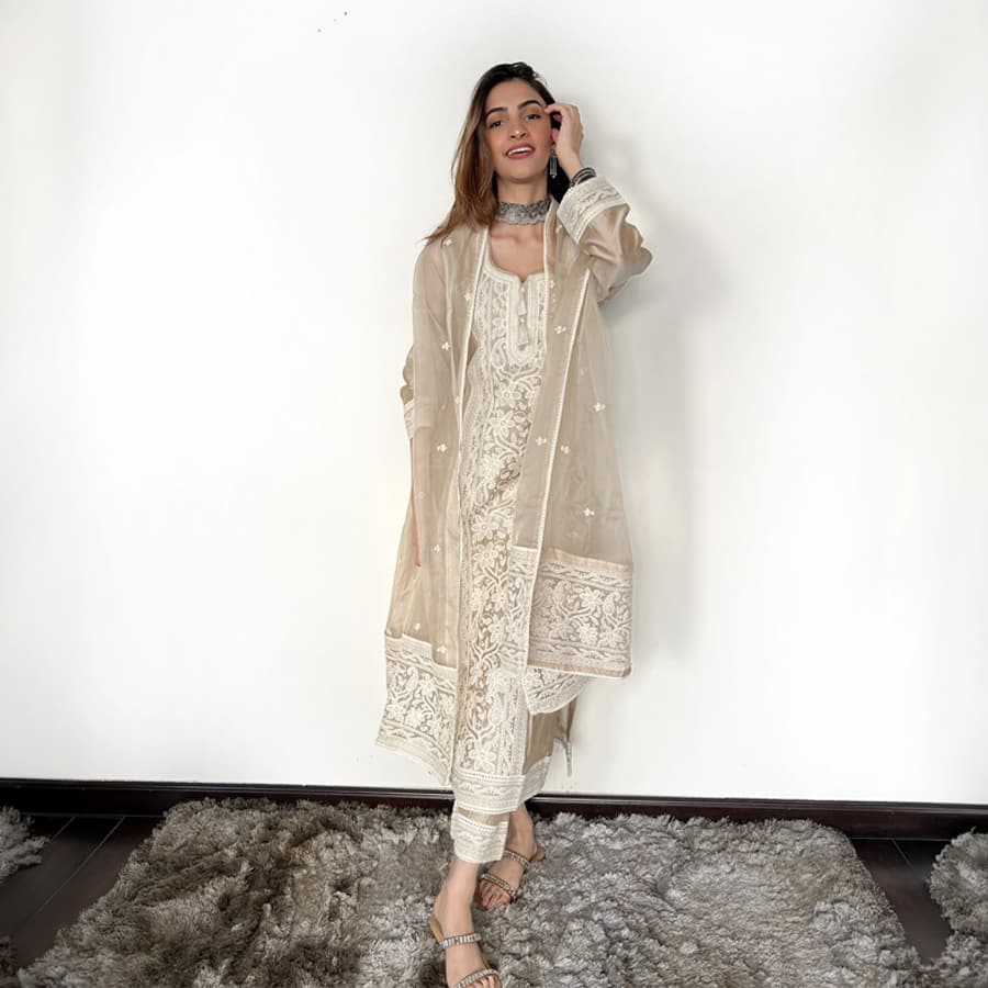 Beige Chanderi Silk Embroidered Kurta Set with Dupatta