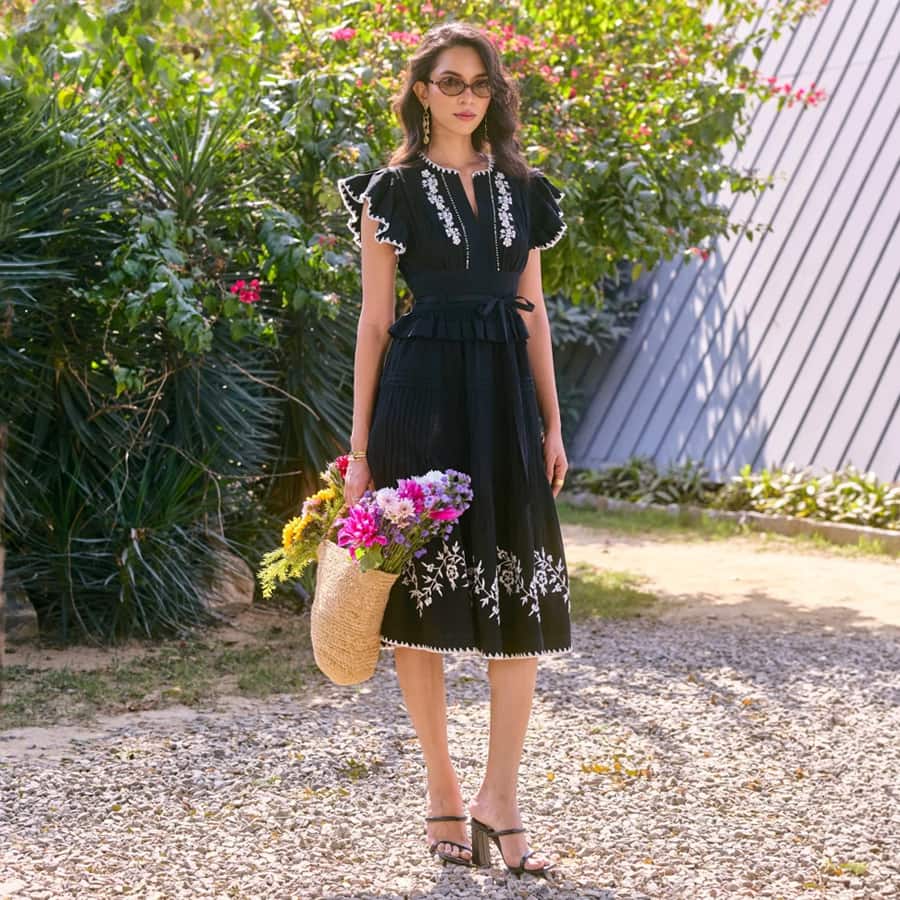 Black Embroidered Fit and Flare Midi Dress