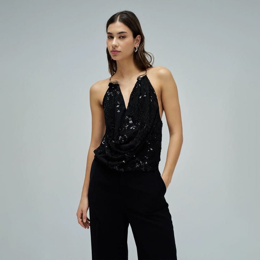 Black Sequin Halter Top with Metallic Neck Detail