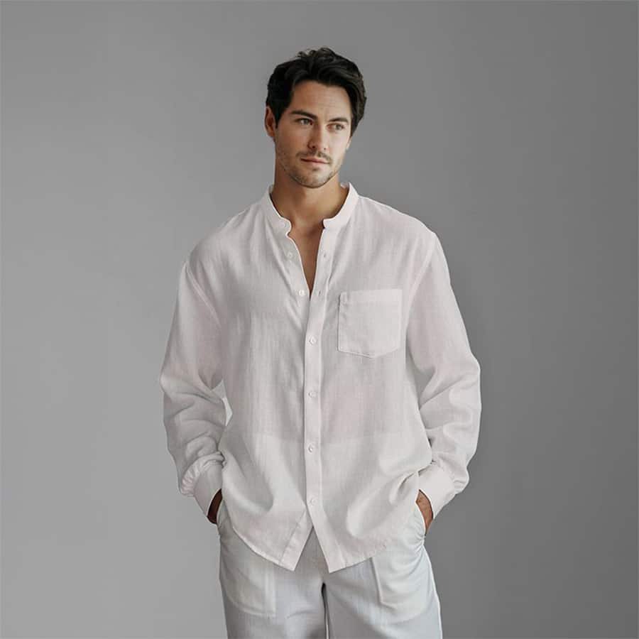Men's Linen Mandarin Collar Shirt - White