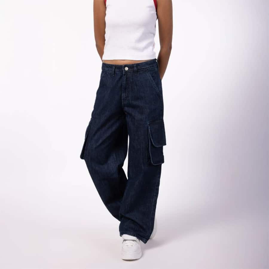 Women's Denim Loose Fit Cargo - Mid Blue