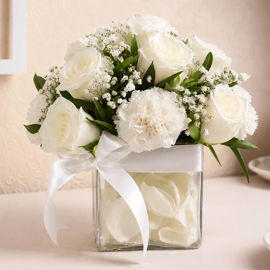 10 White Roses & 5 White Carnations Square Vase Arrangement - Anniversary Gift