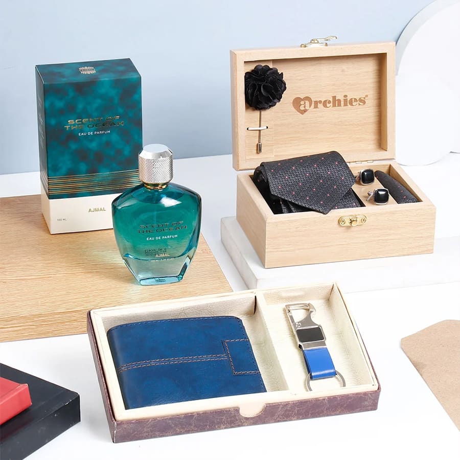 Midnight Black Tie Set With Blue Wallet Set And Scent Of The Ocean