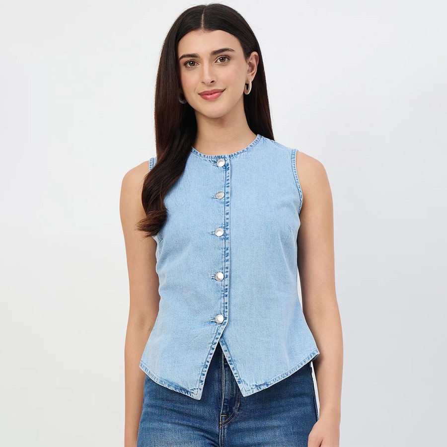 Madame Ice Blue Denim Cotton Vest Top