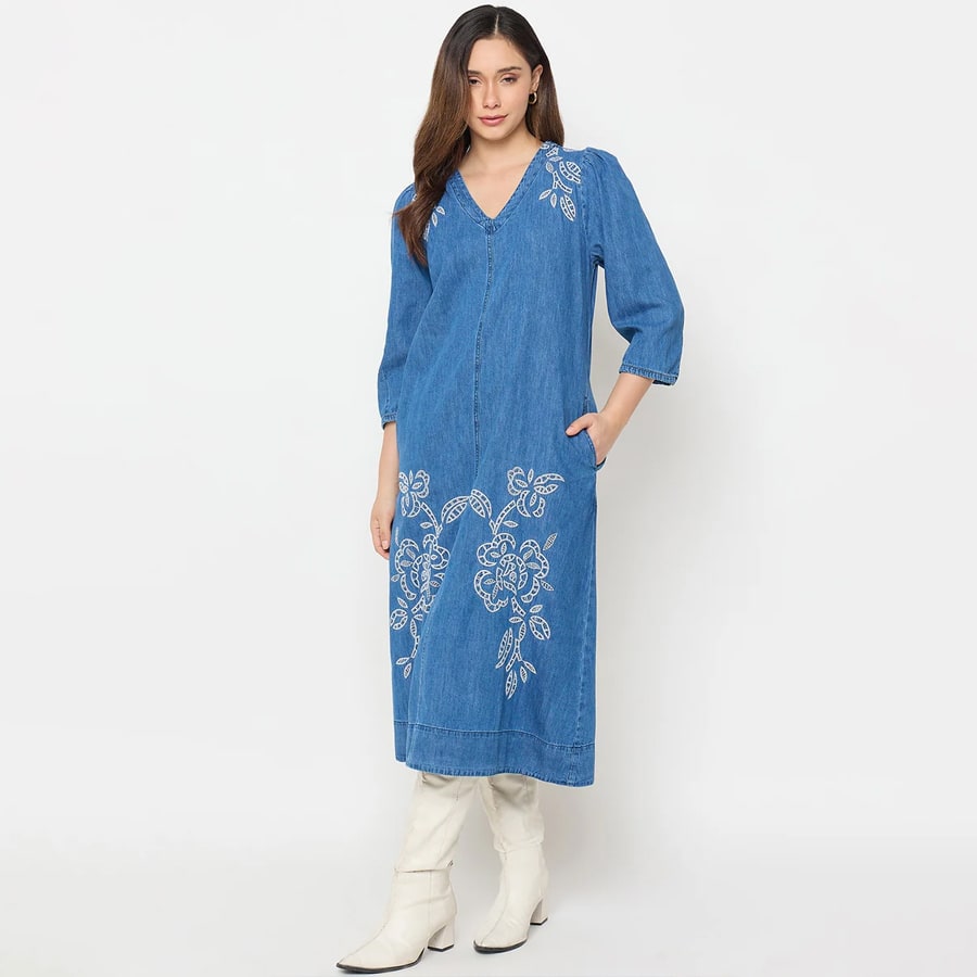 Madame Blue Embroidered Denim Dress