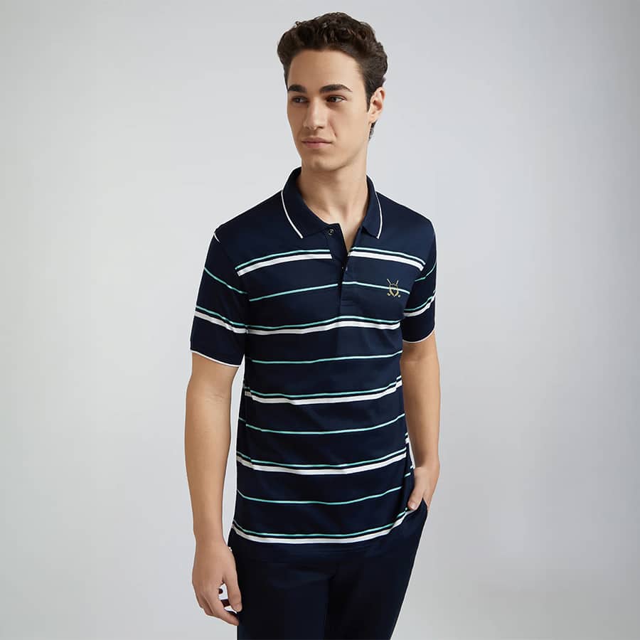 Colorplus Men Navy Tailored Fit Engineered Polo Neck Collar T-Shirt