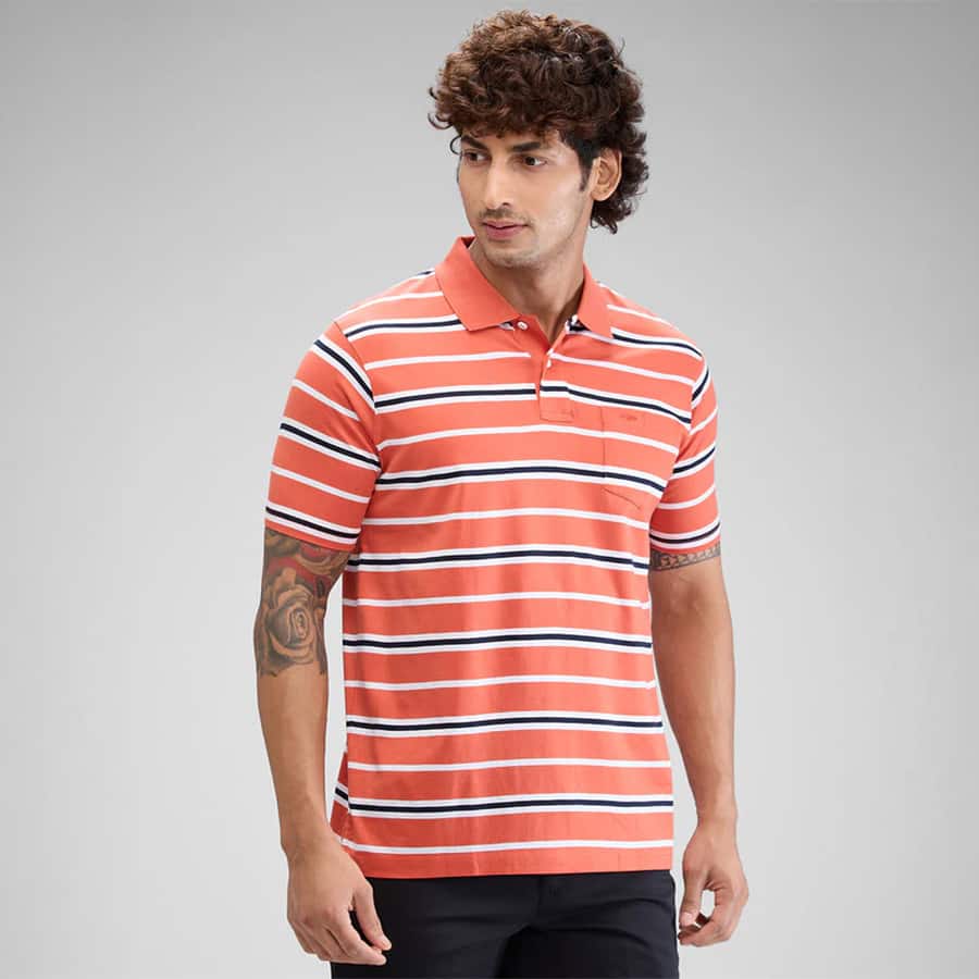 Colorplus Men Orange Classic Fit Stripe Polo Neck Collar T-Shirt