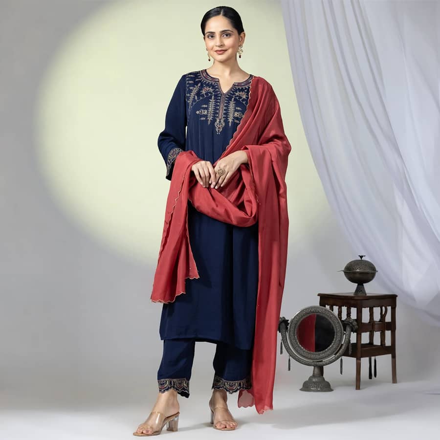 Navy Viscose Embellished Kurti with 3/4th Sleeves