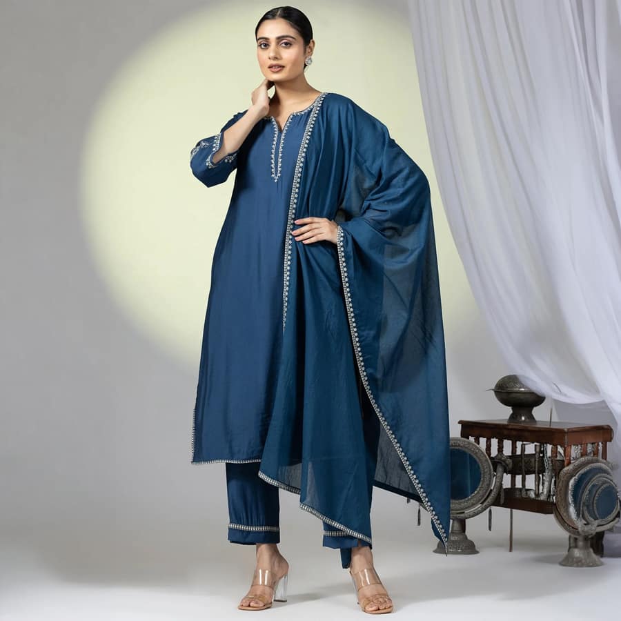 Embellished Teal Viscose Ensemble Kurti