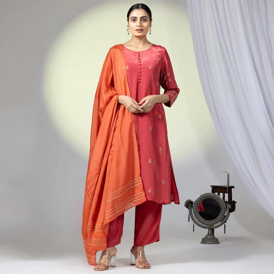 Embellished Red Natural Crepe Ensemble Kurti