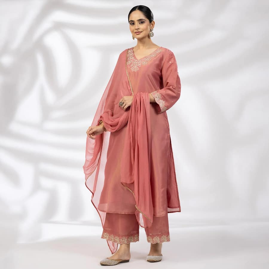Crystal Rose Embroidered Ensemble Kurti in Tissue Shimmer