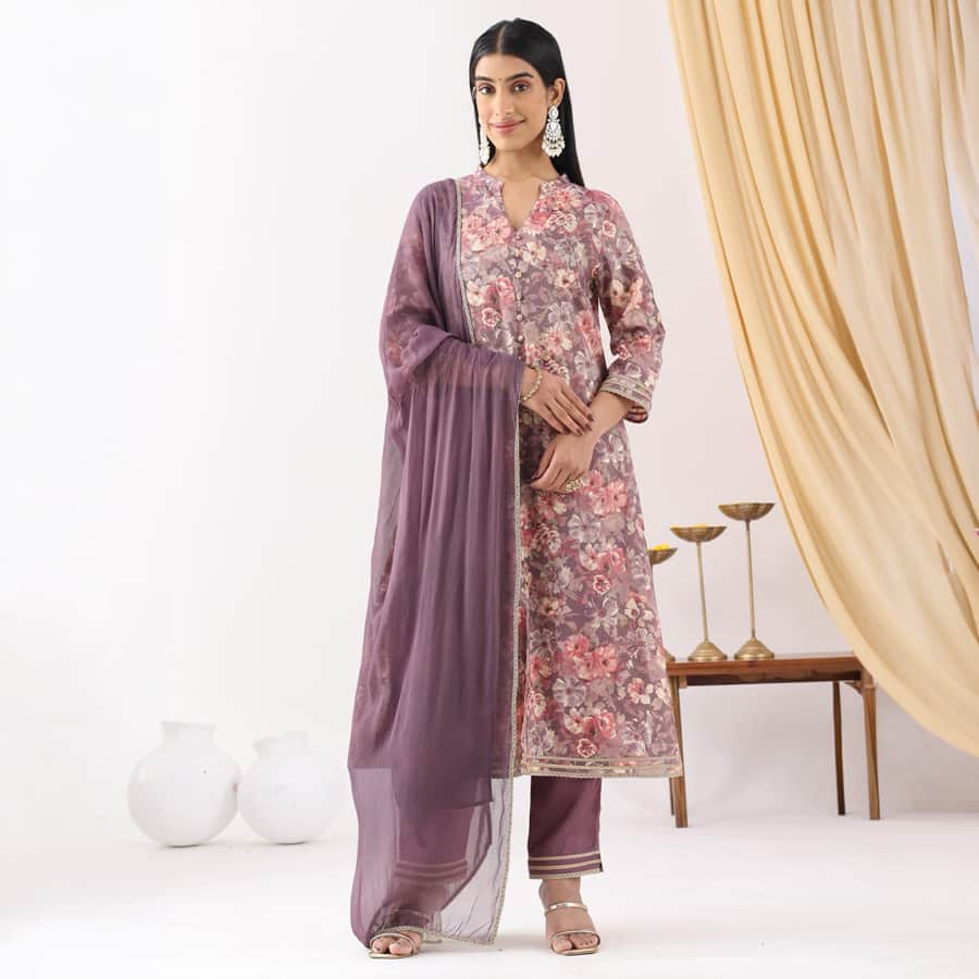 Mauve Printed Ensemble Kurti in Rayon Silk Shimmer