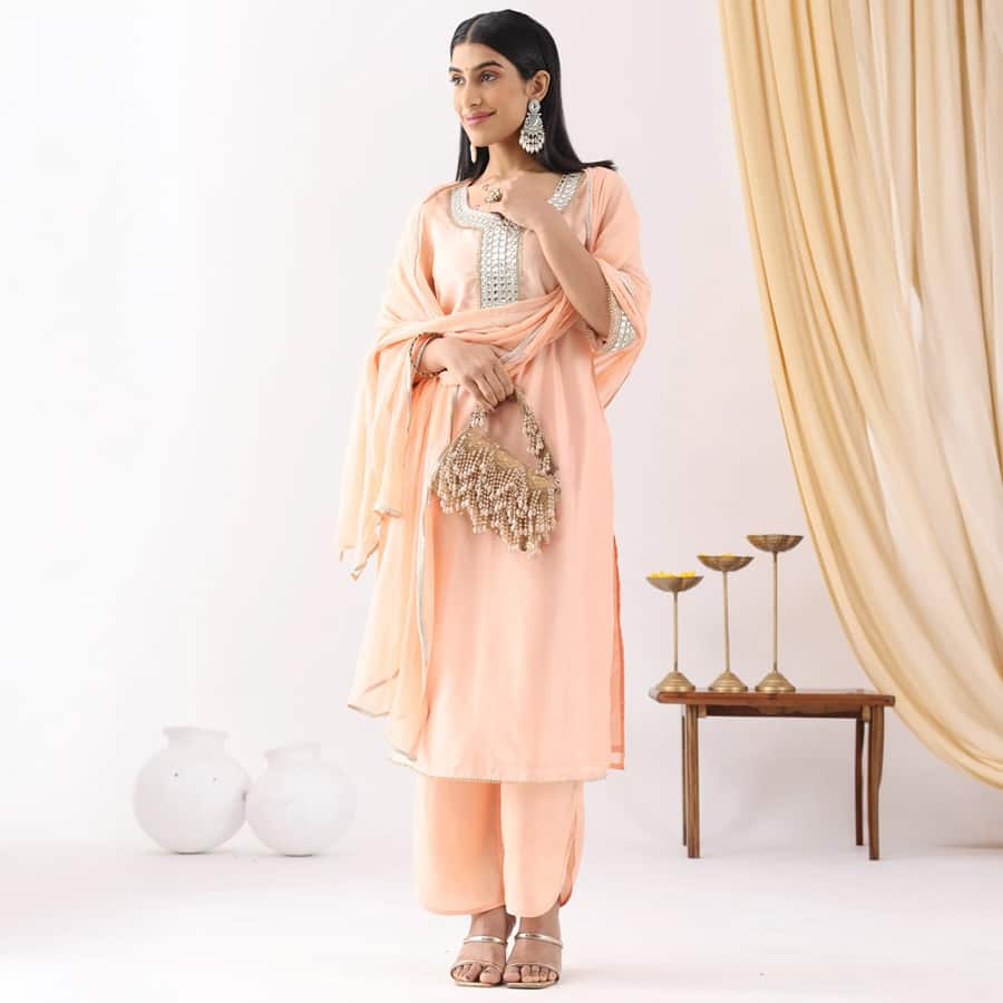 Peach Chanderi Embroidered Kurti with Square Neck