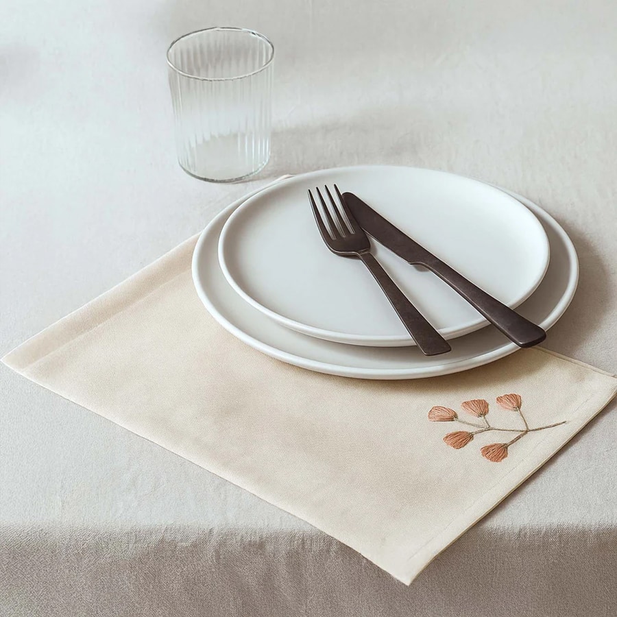 Palm Tree Embroidery Cotton Table Napkins Set of 4- Beige and Brown