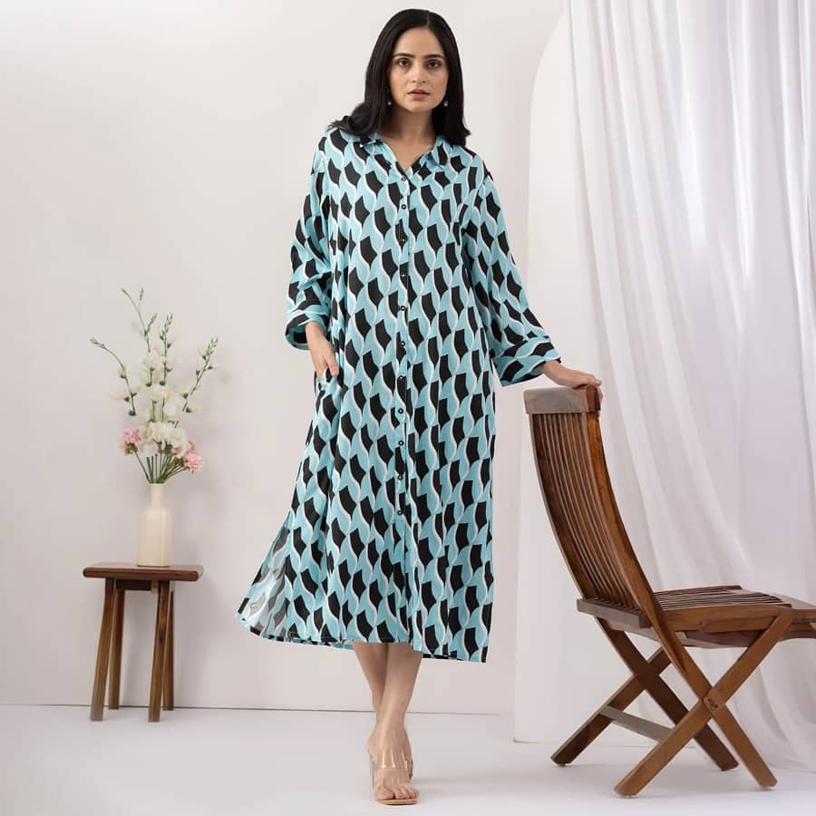 Sky Blue Printed Viscose Dress with Collared Neck & 3/4 Sleeves