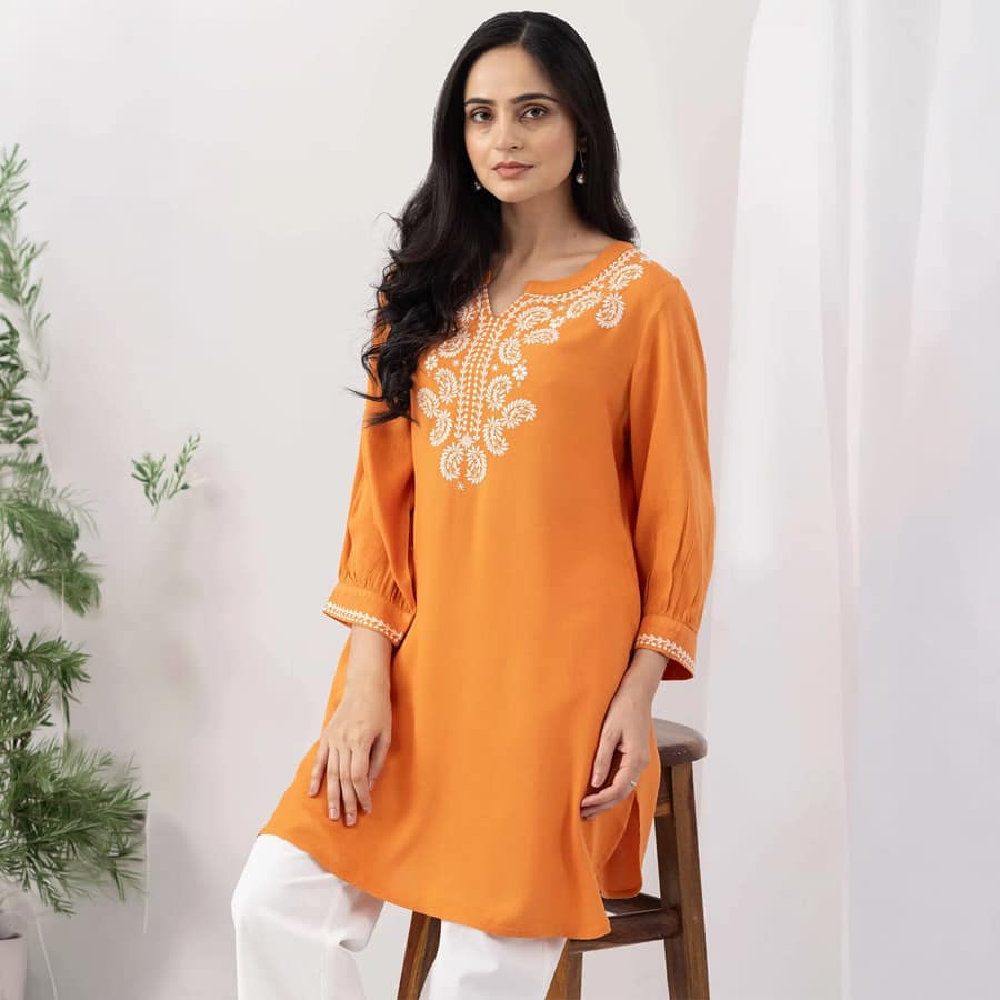 Orange Embroidered Moss Viscose Tunic with Round Neck & 3/4 Sleeves