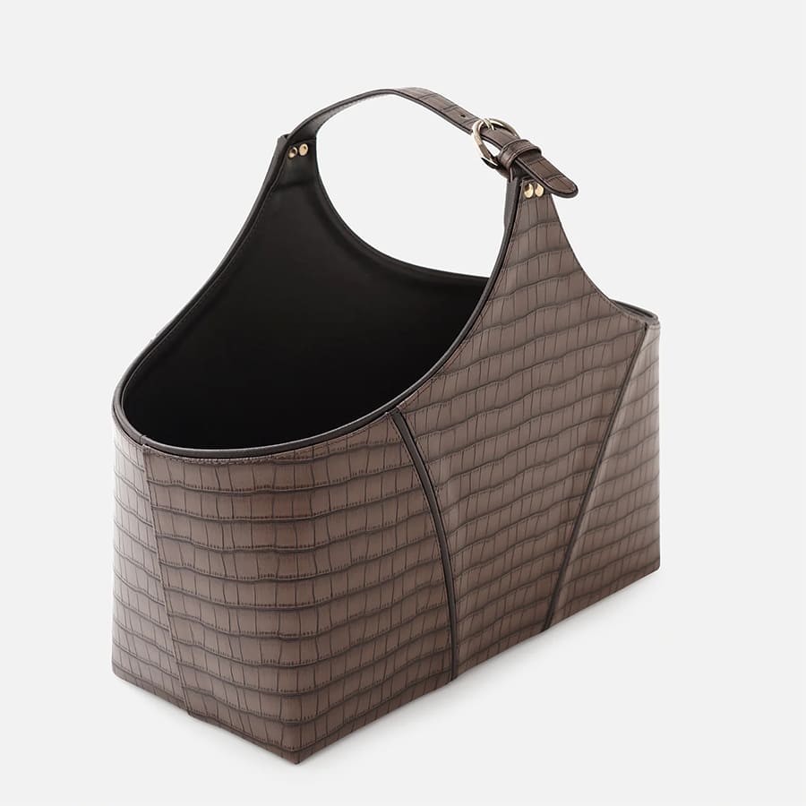 Brown Croco Texture Faux Leather Magazine Basket