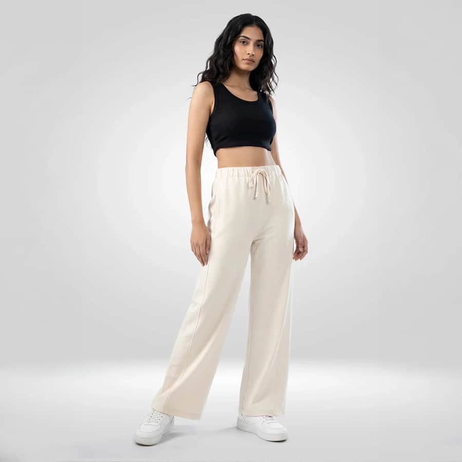 Women Trackpant White Wide Leg Mid Rise