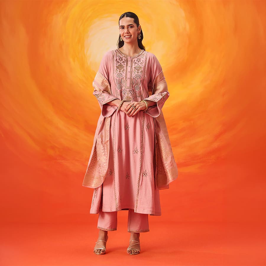 Vaara Ariza Rose Pink Embroidered A-line Suit Set with Dupatta