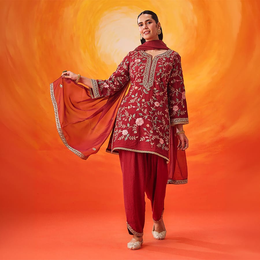 Vaara Kalini Maroon Embroidered Suit Set with Dupatta