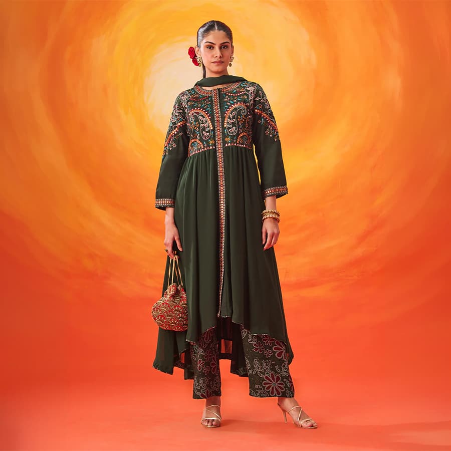 Vaara Nazma Emerald Green Embroidered Georgette Anarkali Suit Set with Dupatta