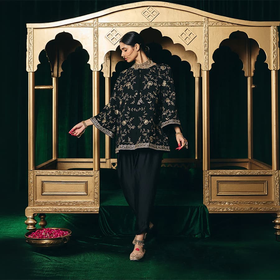 Aziza Black Zari Embroidered Cape-style Top