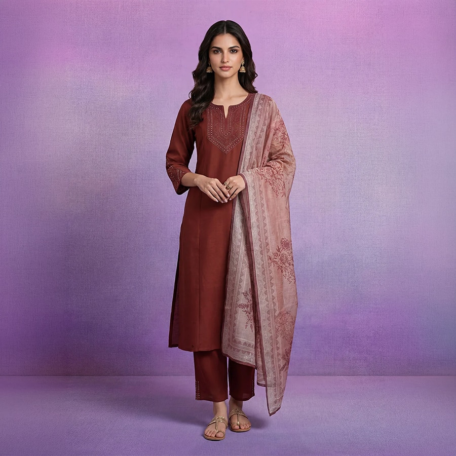 Fuchsia Embroidered Silk Suit Set with contrast Dupatta