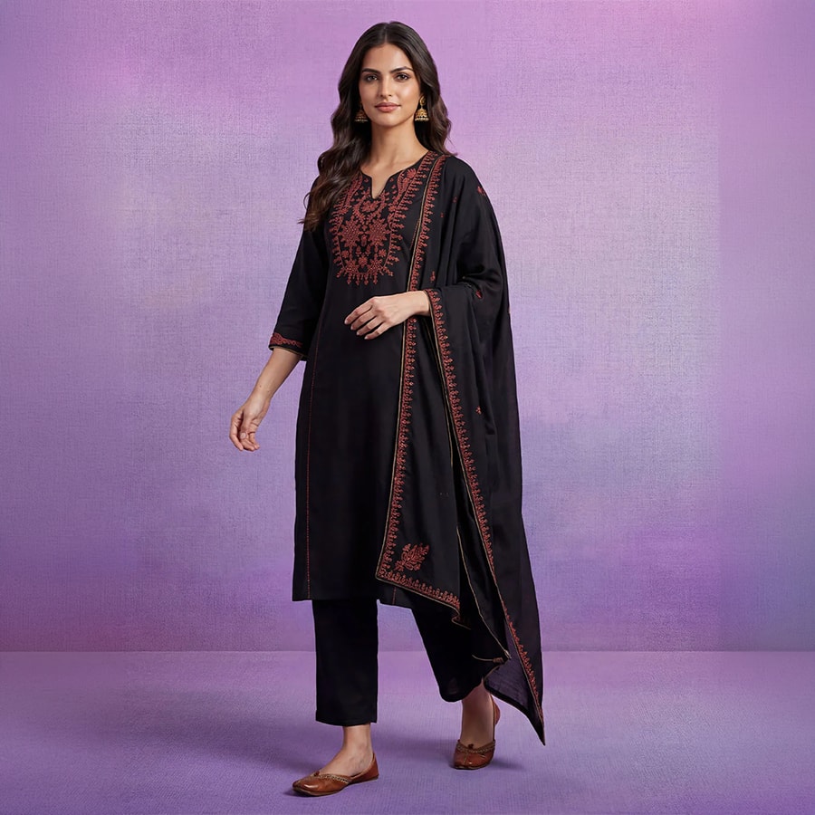 Black Embroidered Suit Set with Dupatta