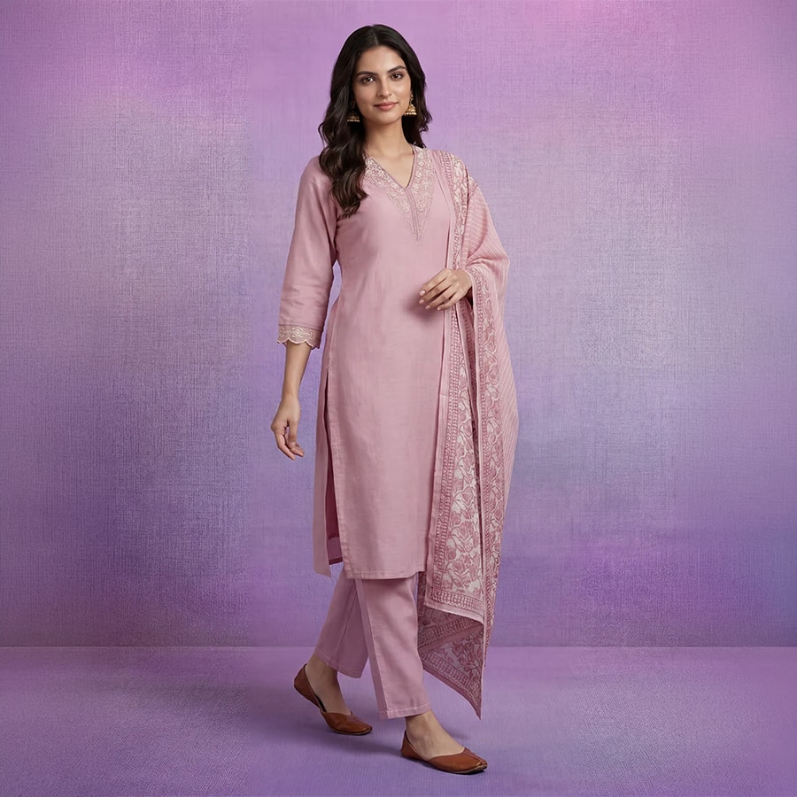 Pink Embroidered Suit Set with Dupatta