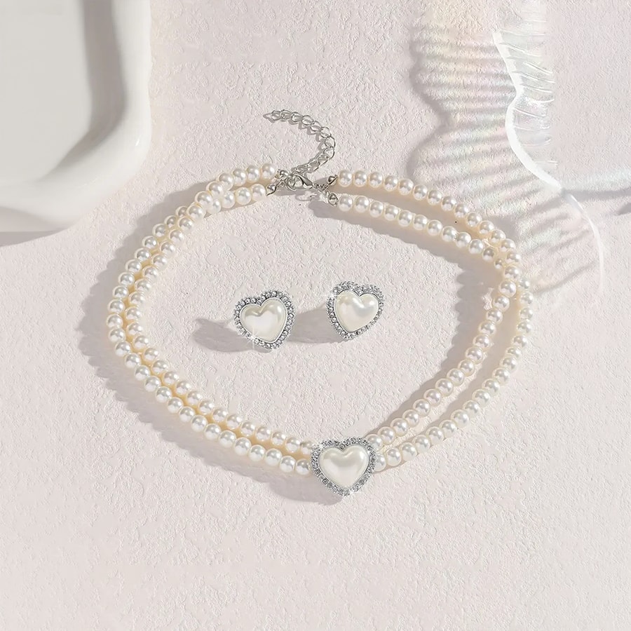 Peora heart Motif Double Layer Pearl Necklace Set