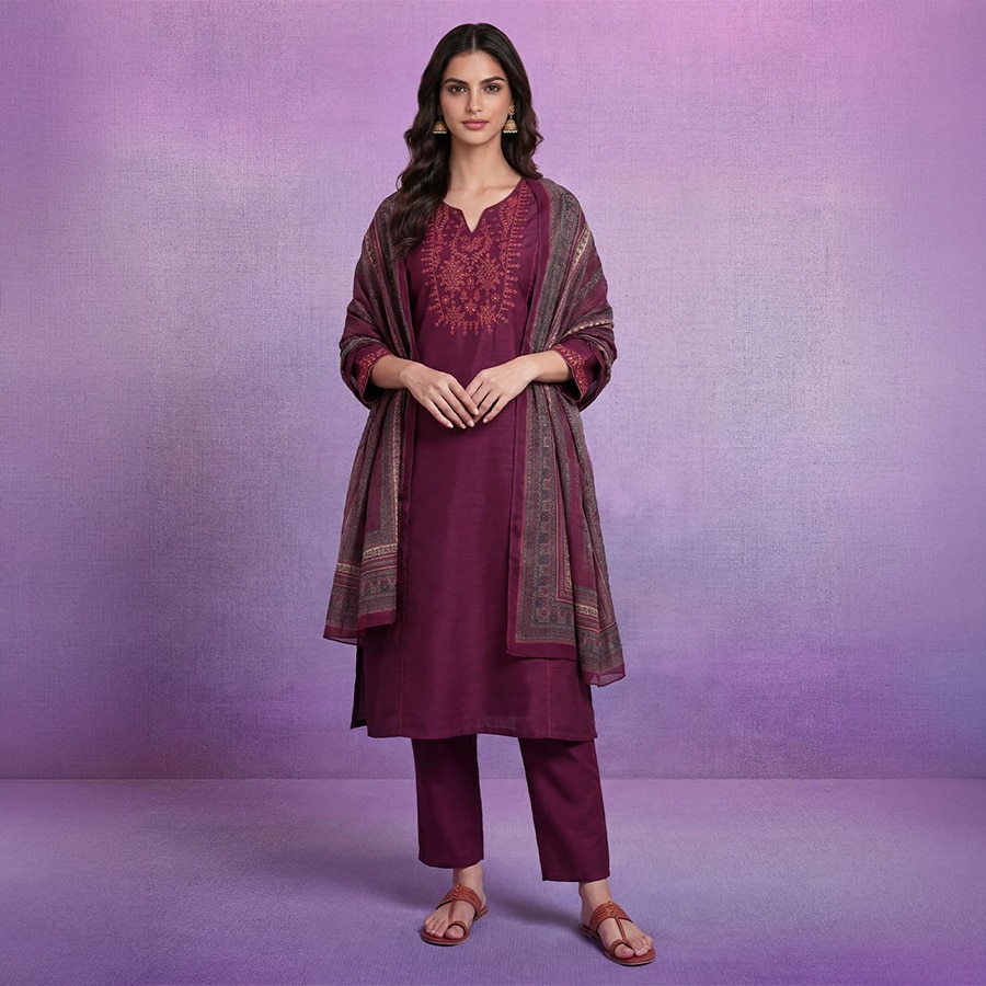 Wine Embroidered Suit Set with Dupatta