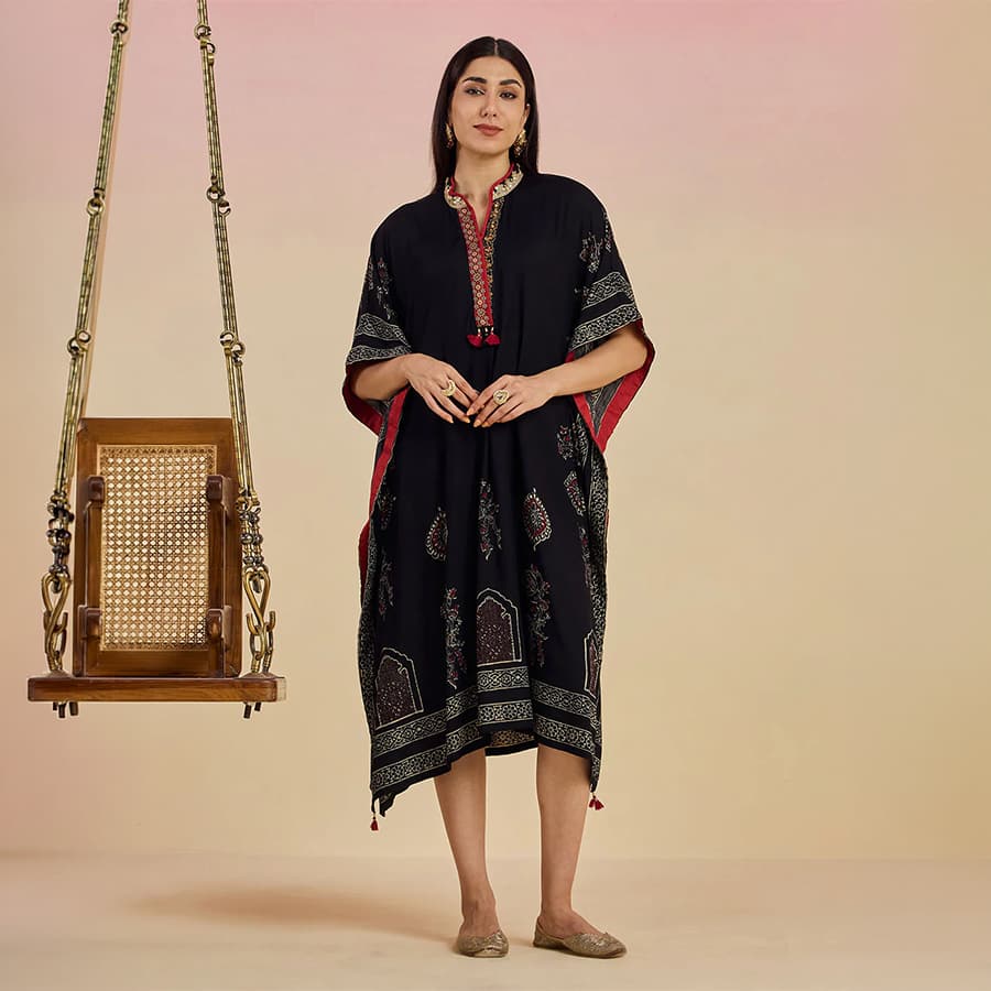 Orna Black Printed Rayon Kaftan for Women