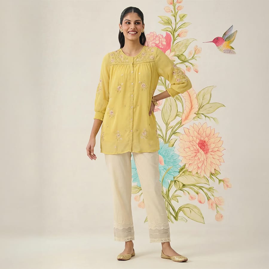 Savera Lemon Yellow Embroidered Chiffon A-line Top
