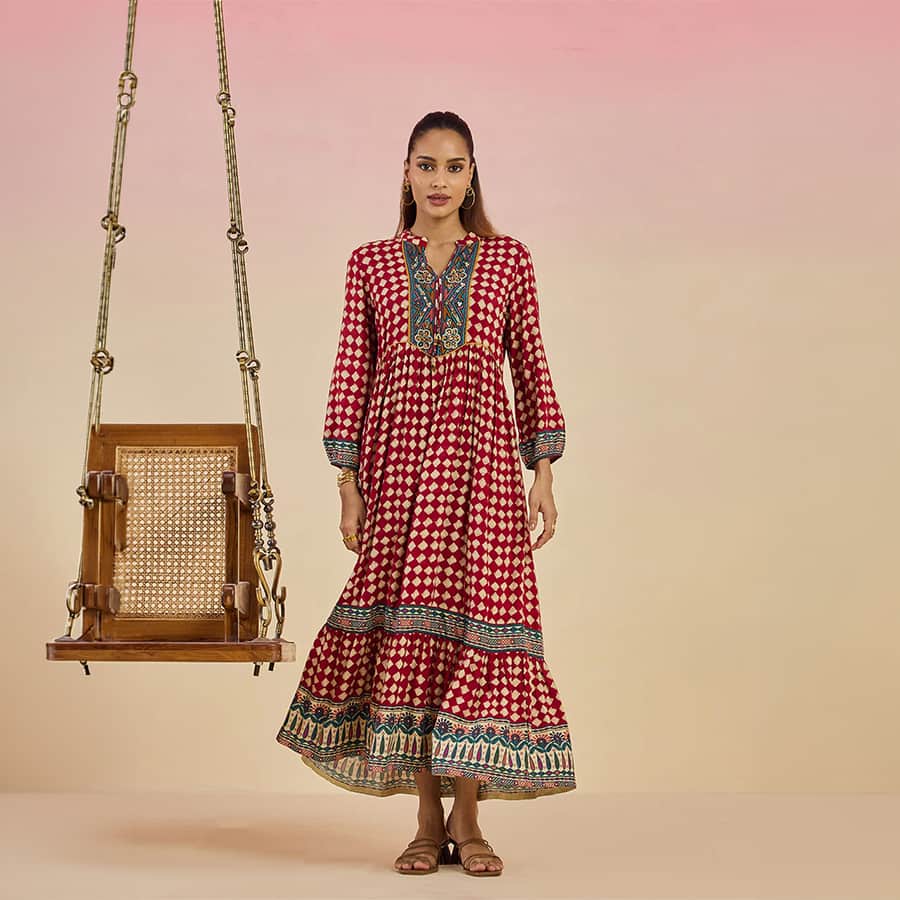 Cherie Maroon Checkered Print Rayon Flared Dress