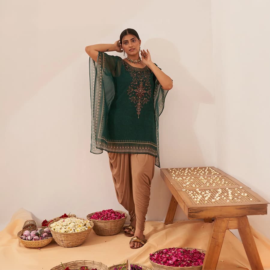 Green Phool Collection Kaftan With Swarovski Work