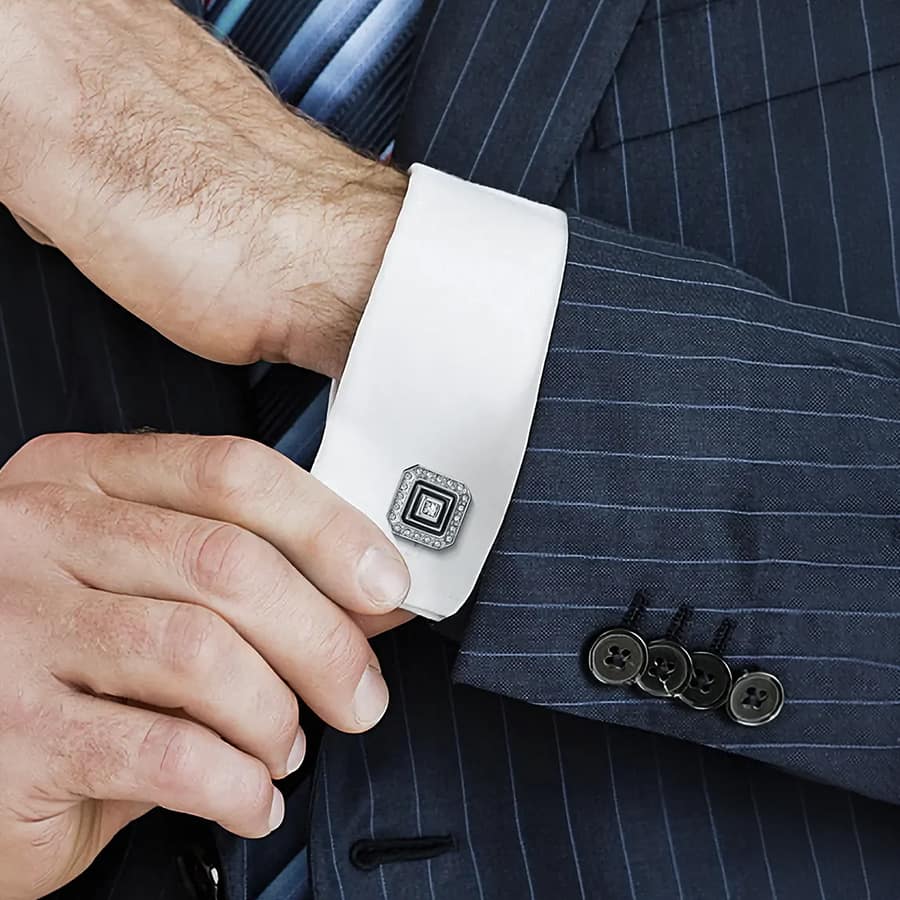 Peora Geometric Black Enamel CZ Cufflinks For Men