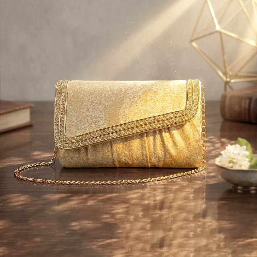 Peora Textured Envelope Party Wear Clutch - Gold