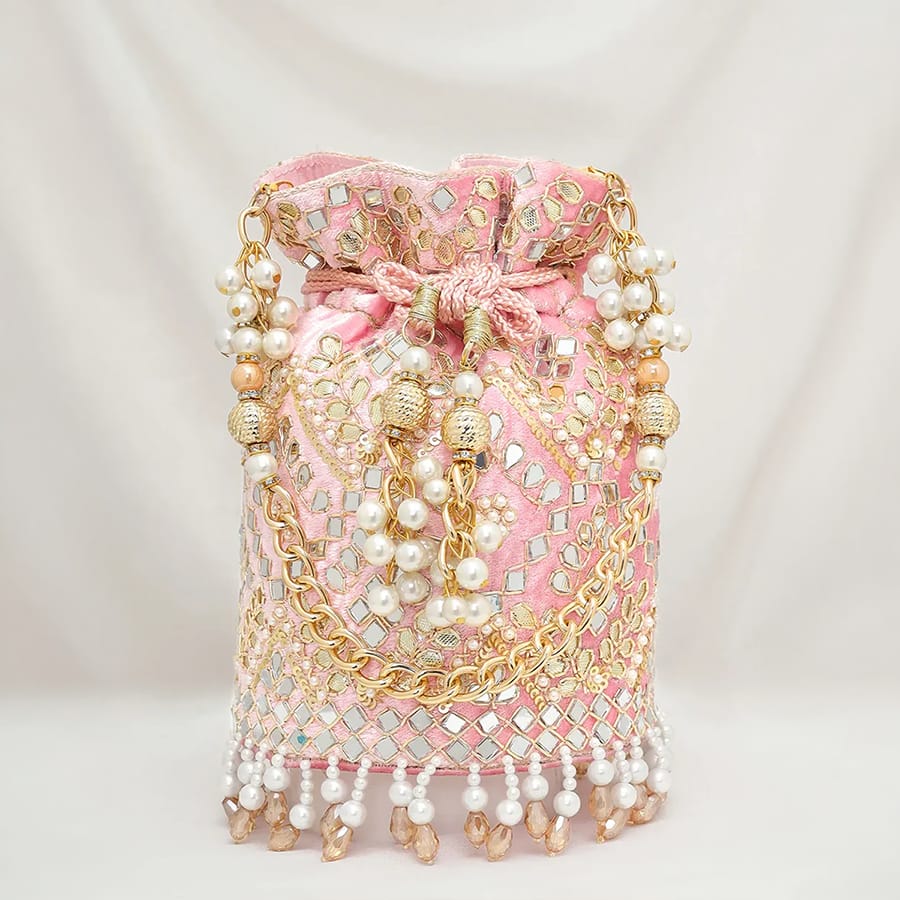 Handcrafted Blush Potli with Mirror Beads - Light Pink