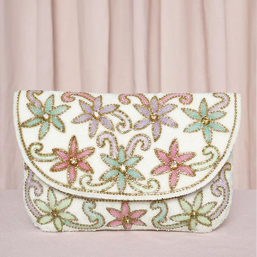 Elegant Floral Embroidery Party Clutch - White