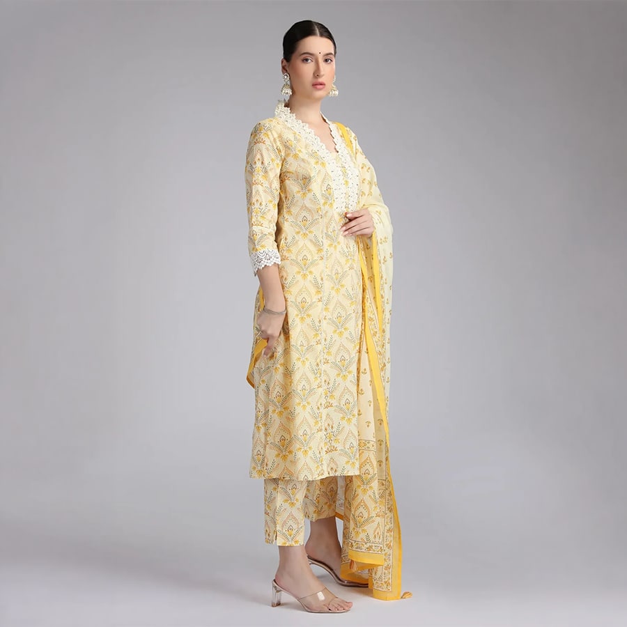 Cream Cotton Printed A Line Kurta Pant and Dupatta Suit Set