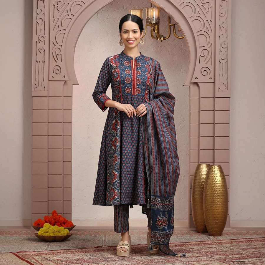 Navy Blue Cotton A line Printed Kurta Pant Suit Set