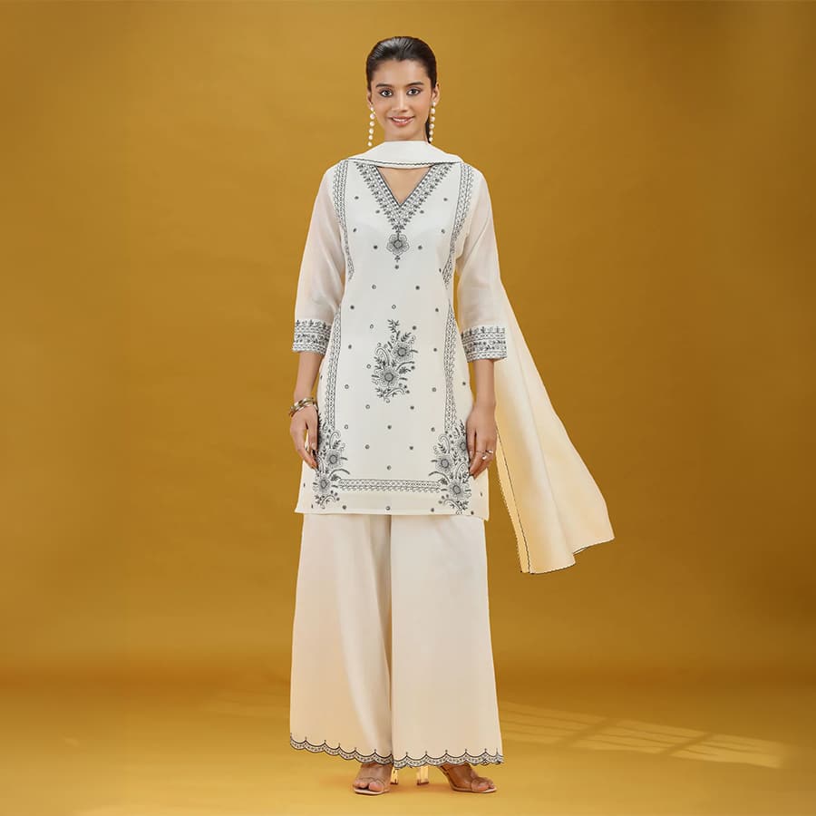 Off White Floral Embroidered Ethnic Suit Set with Dupatta